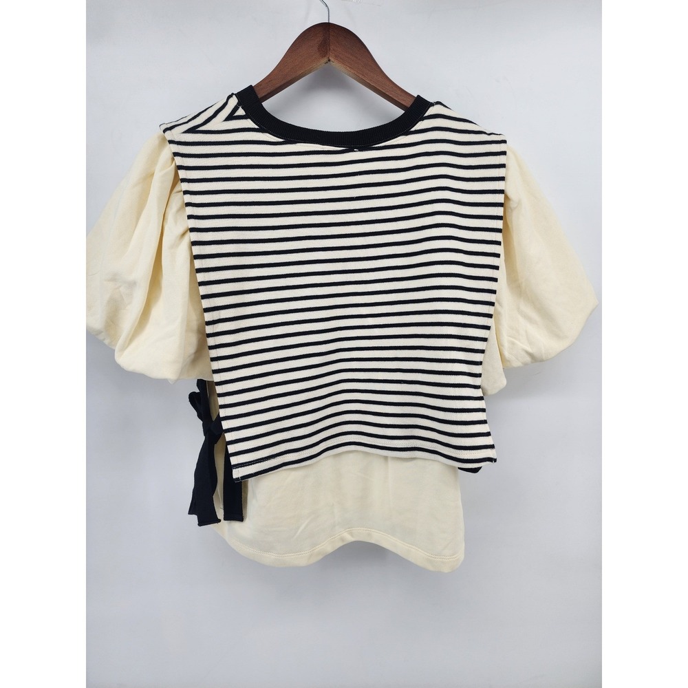 Entro Womens‎ Striped Puff Sleeve Top Navy Cream Bow Detail Size S